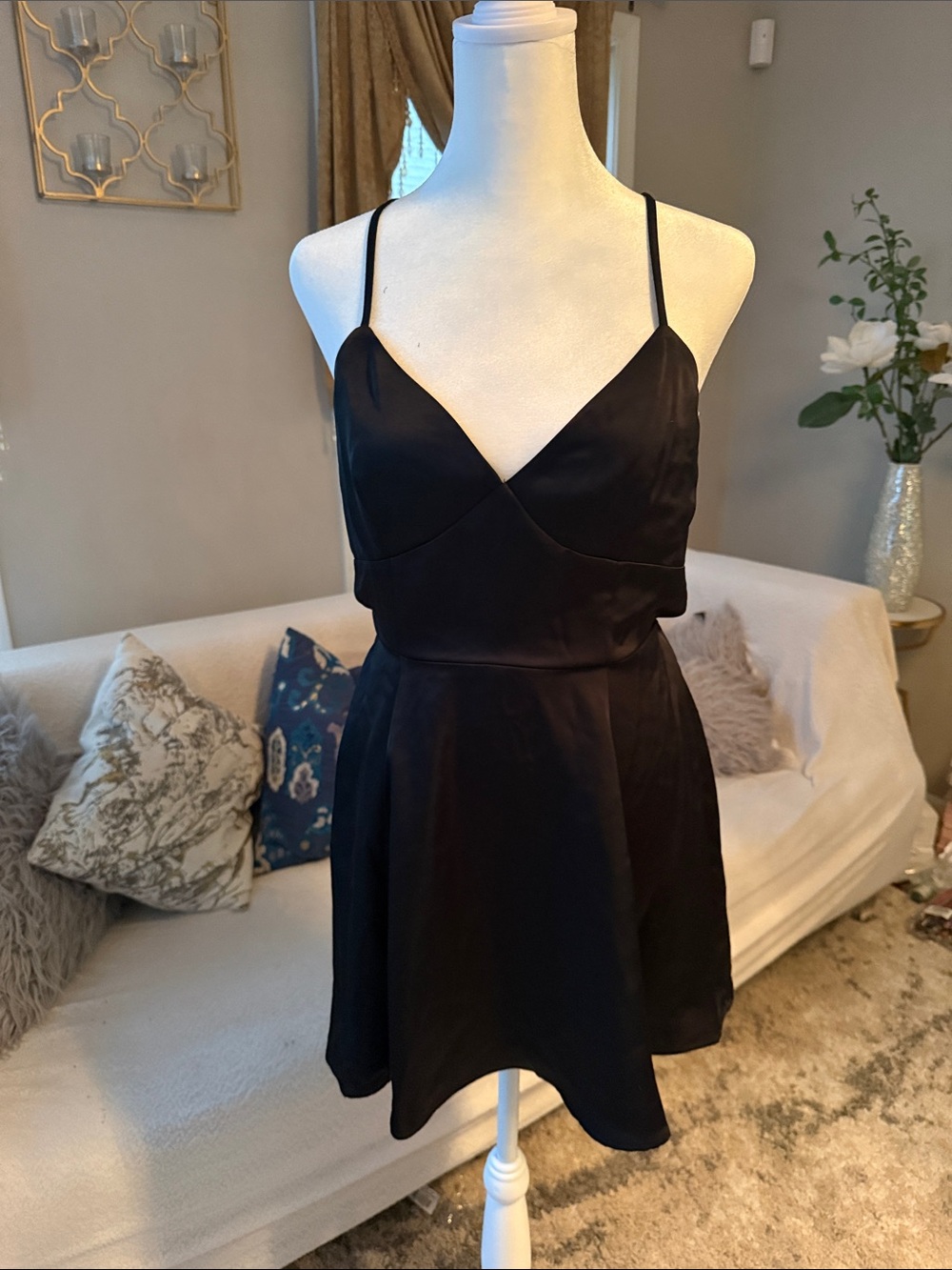 Black Satin Spaghetti Strap Dress - Women